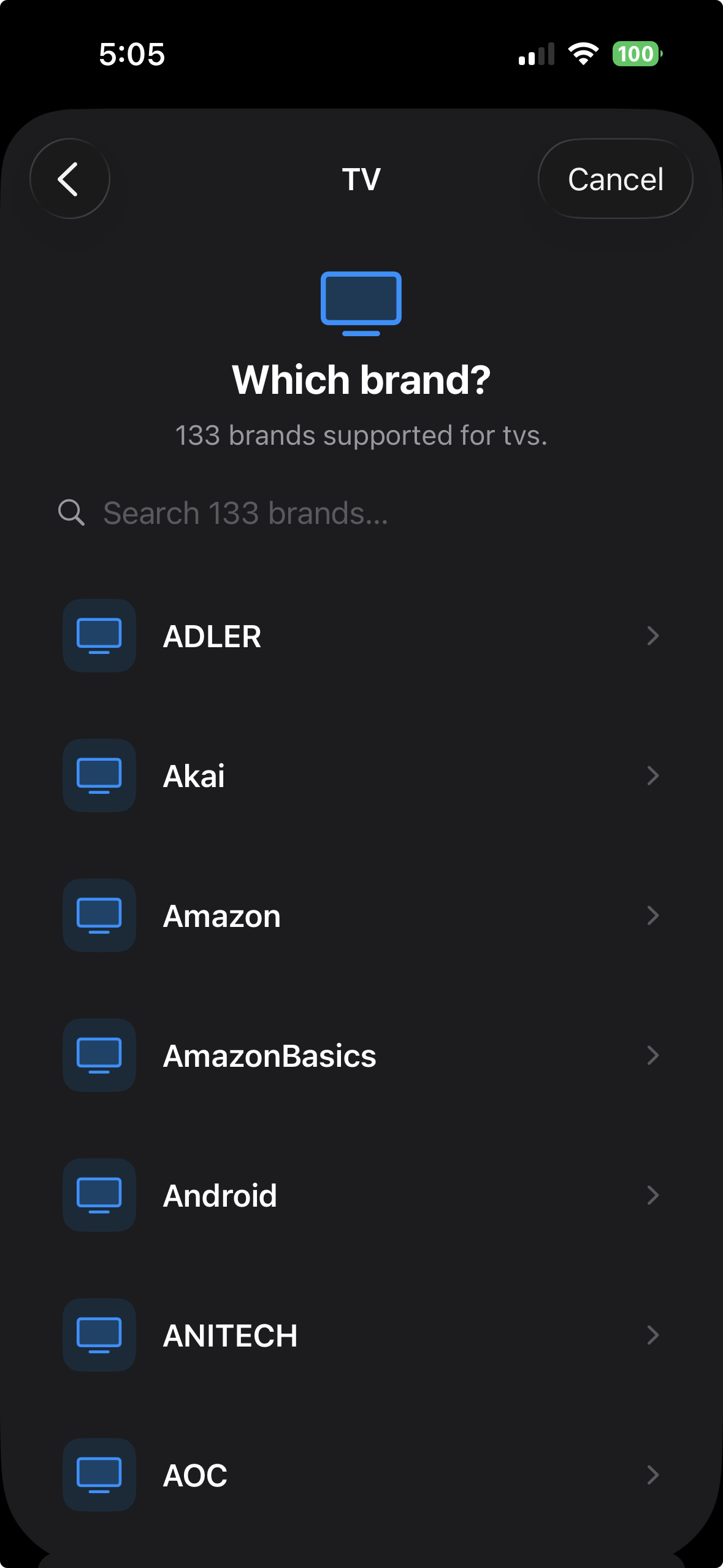 RemoteOne IR brand picker showing 133 brands available for TVs, with a search field and a scrolling alphabetical list.